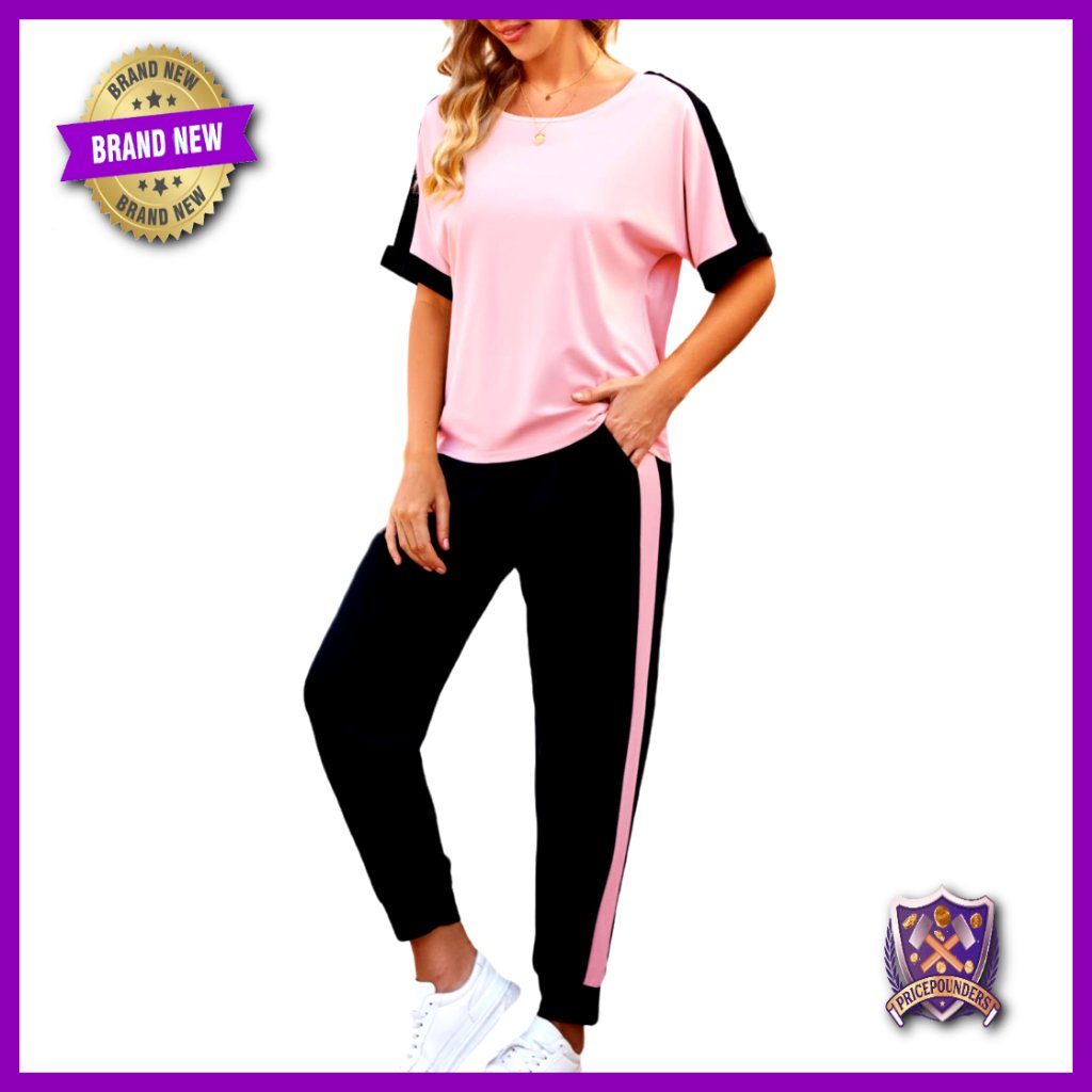 Soft Knit Jogger Set Short Sleeve Top Elastic Waist Pockets Lounge Activewear
